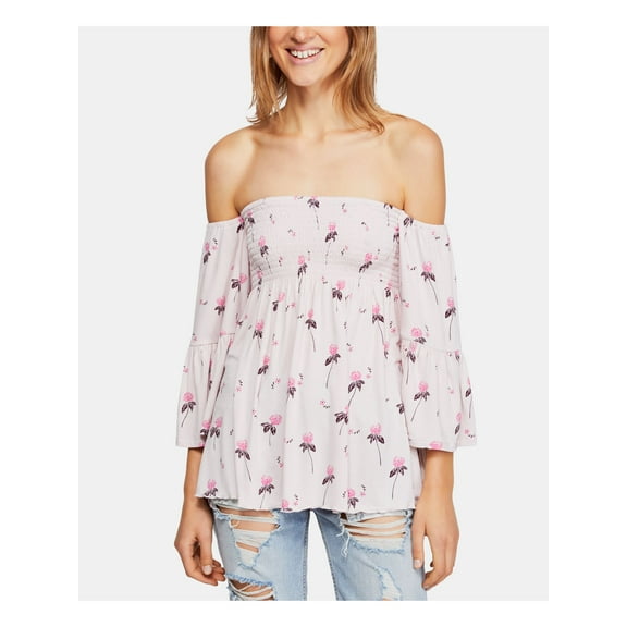 FREE PEOPLE Womens Purple Floral Long Sleeve Off Shoulder Tunic Top S