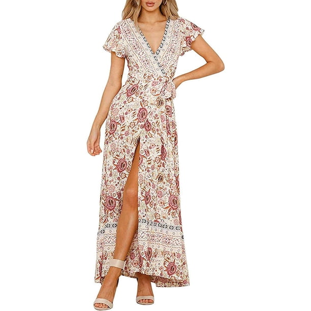 Vestido largo de fiesta en la playa con abertura y manga corta con cuello en V y estampado floral bohemio para mujer Ormromra WMZY-781-5