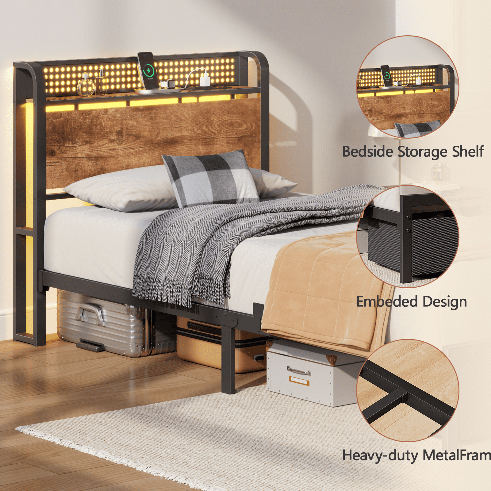 Satifur Twin Bed Frame with 2 Drawers & Storage Headboard, Platform Metal Bed with Charging Station, No Box Spring Needed