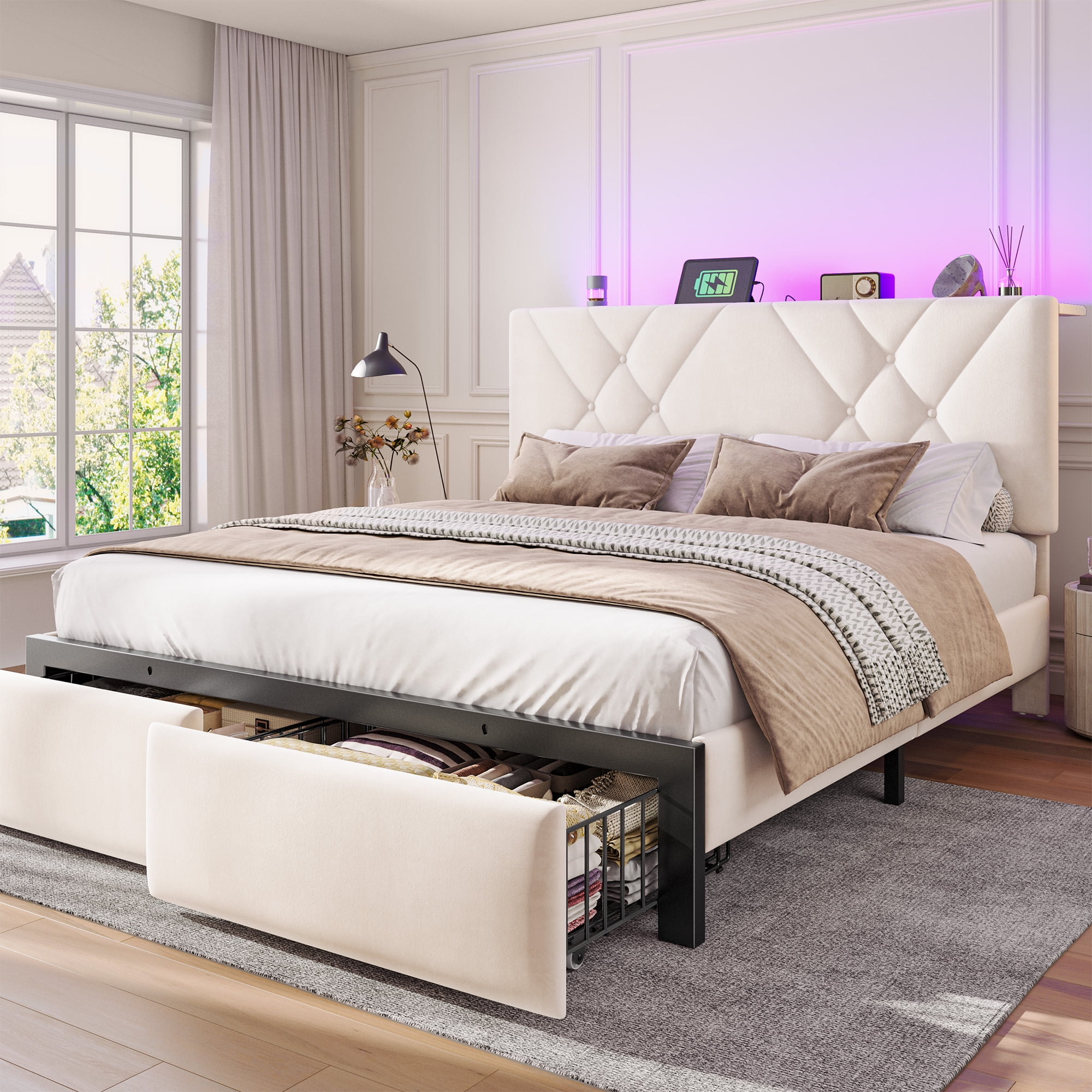 EnHomee King Size Bed Frame with 2 Drawers &  Storage Platform Upholstered Bed Frame King with Headboard King Bed Frame with LED Lights & Charge Station, No Box Spring Needed, No-Noise, Beige
