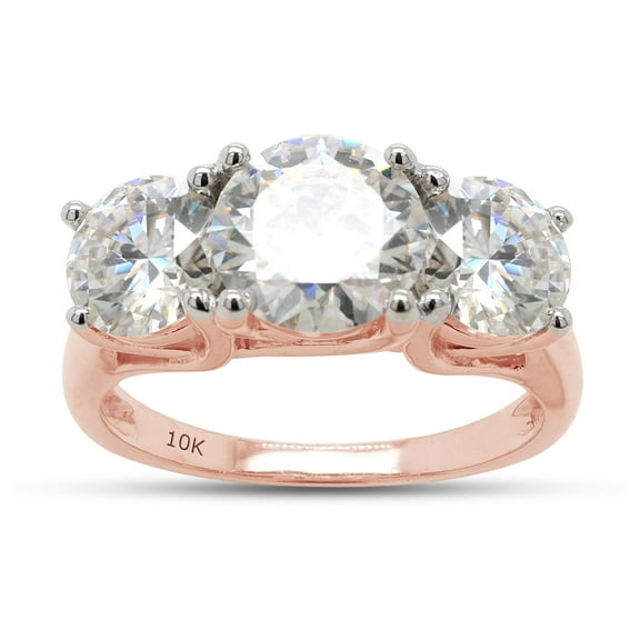 AFFY 3 Carat Round Cut Lab Created Moissanite Diamond Three Stone Engagement Ring for Women In 10K Solid Rose Gold Jewelry (VVS1 Clarity, 3.00 Cttw) Size - 10