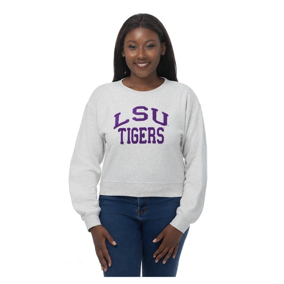 Women's ZooZatz Oatmeal LSU Tigers Chenille Cropped Sweatshirt