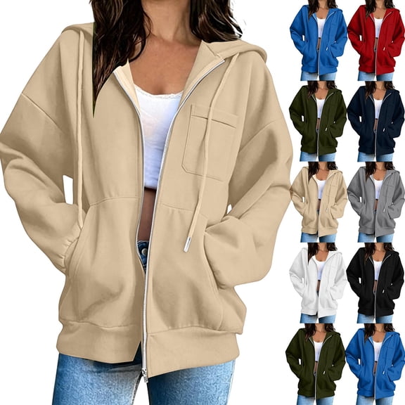 Pxxlle Hoodies for Women Zip Up Long Sleeve Hooded Jacket Casual Solid Color Drop Shoulder Hoodie Sweatshirt with Pockets S