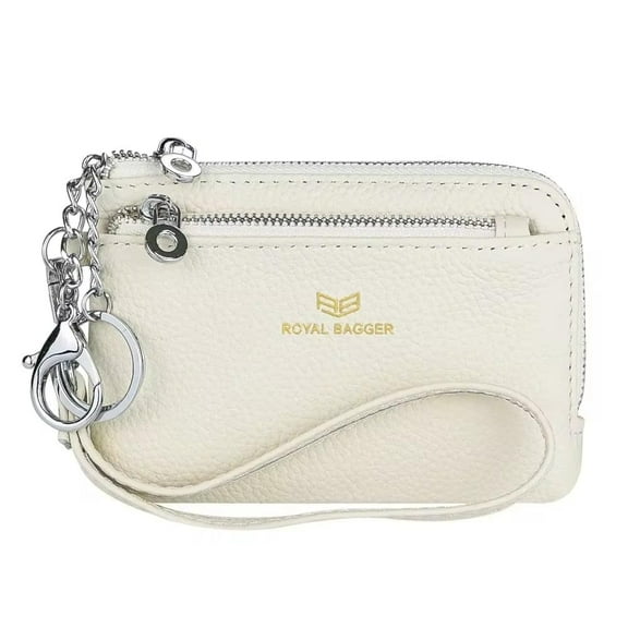 Royal Bagger RFID Coin Purse with Keychain, Genuine Leather Multi Zipper Clutch Wallet, Portable Wristlet Card Holder