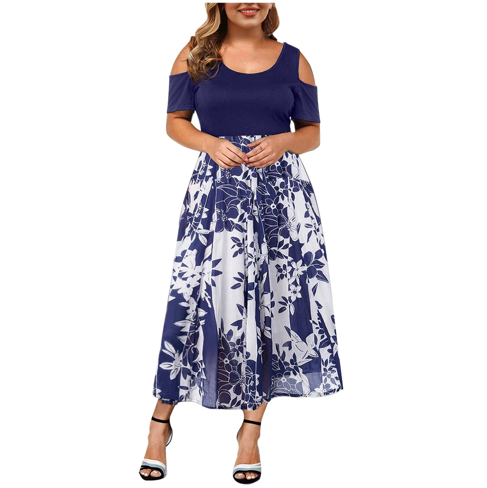 Maxi Dresses for Women Plus Size,Casual Summer Short Sleeve Cold Shoulder Floral Print Elegant Maxi Long Dress with Pocket 