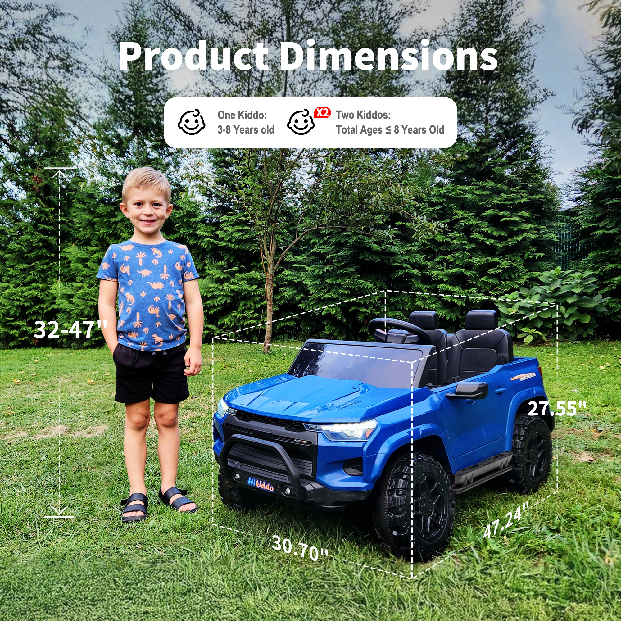 Hikiddo 4WD 2-Seater Electric Car for Kids, 24V 10Ah Ride on Toys Truck for Big Kids w/ Remote, 4x200W Motor - Blue