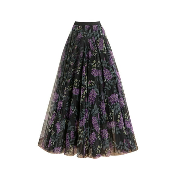 TSADFHJI Skirts for Women Summer Women's Printed Skirt Elastic High Waist Pattern Three Layer Mesh Large Swing Skirt M Red