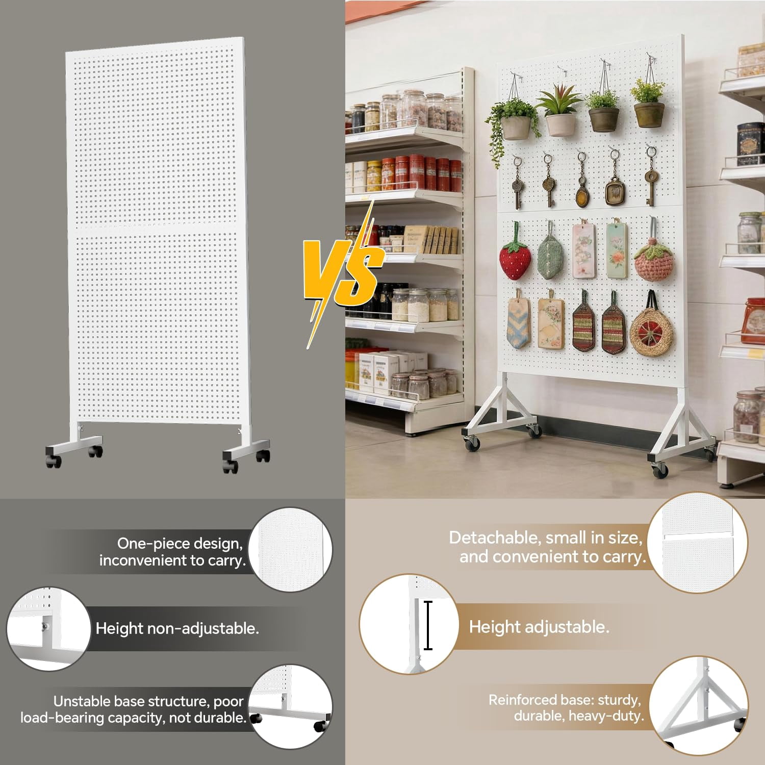 HAIDAIYA Metal Pegboard Display Stand, 3.5' x 5.5' Large Standing Peg Board Panel with 40 Hooks and Wheels, Adjustable Height, Pegboards for Office, Garage, Vendor, Retail Display Rack(White)