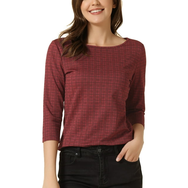 INSPIRE CHIC Haut à Carreaux Pied-de-Poule pour Femme Manches 3/4 Encolure Bateau Extensible Blouse de Bureau S Carreaux Rouges