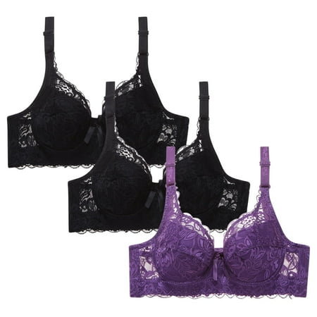WREESH Women s 3 Pack Lace Bralette Push Up Soft Padded Bras Wireless Plunge Bra Adjustable Strap No Underwire Bras Comfortable Everyday Bra Underwear Black