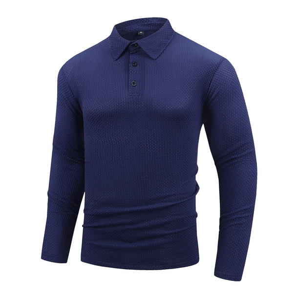 Blusa y camisa de manga larga con cuello vuelto para hombre, camisa deportiva de color liso con solapa y botones, blusa de poliéster de manga larga con solapa para hombre