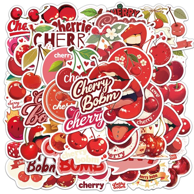 Paquete de pegatinas con tema de cereza, 50 unidades, vinilo impermeable