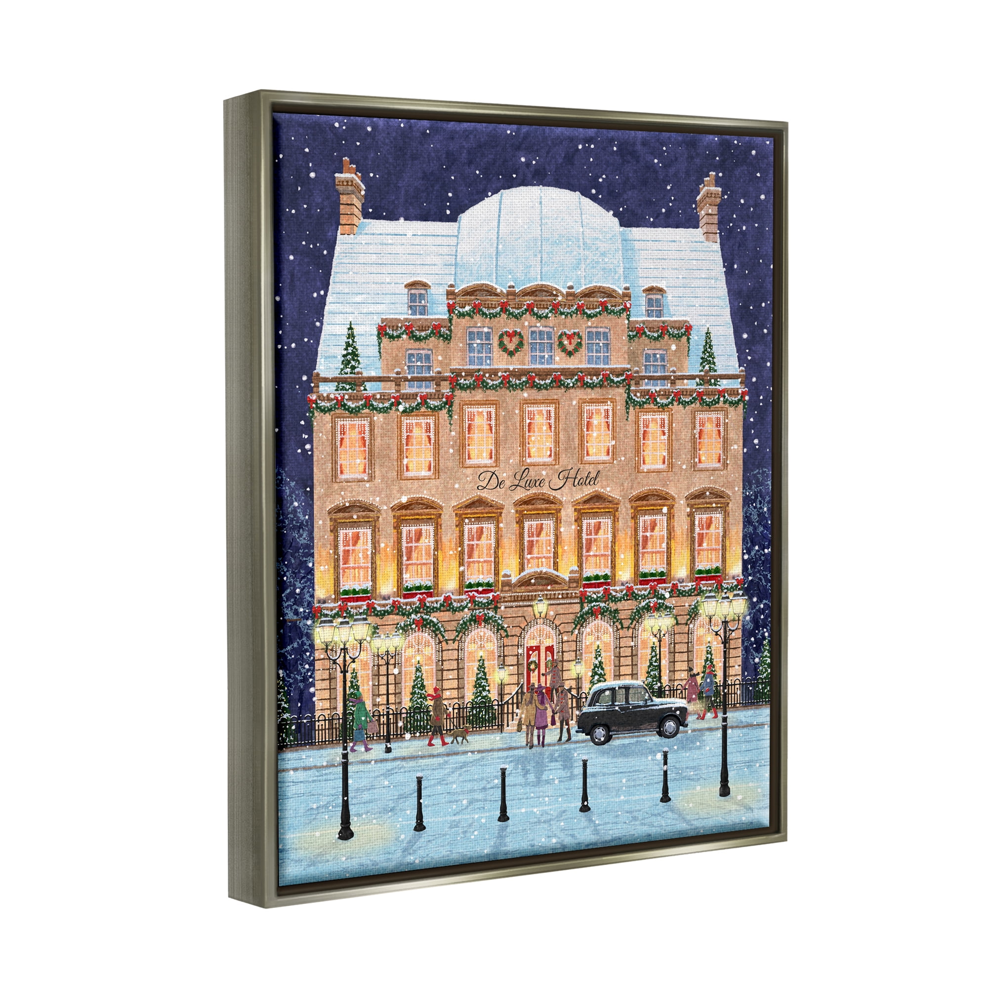 Stupell Industries Winter Hotel Christmas Festival Holiday Painting Gray Floater Framed Art Print Wall Art