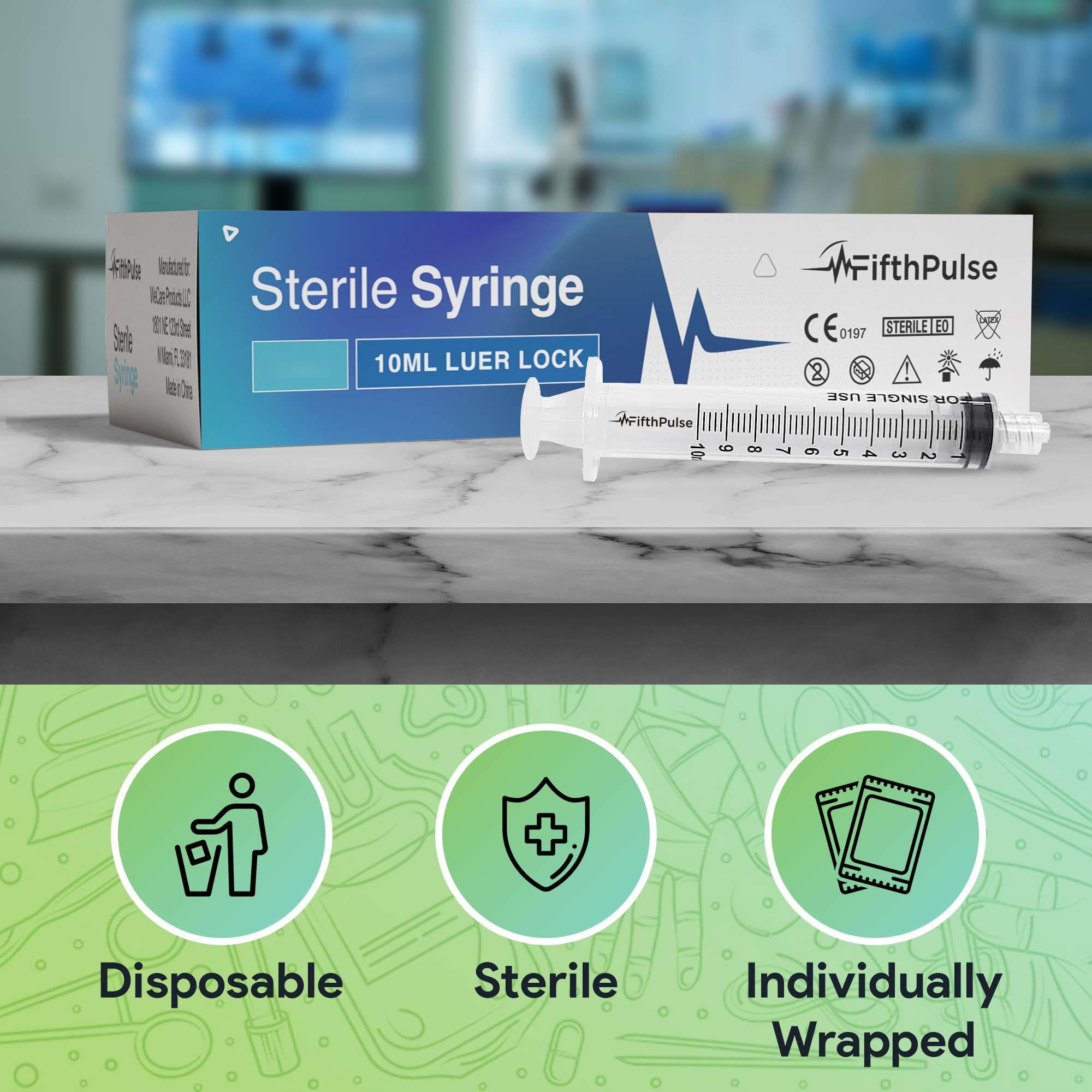 FifthPulse 10 ml Syringe without Needle - 25 Pack of Disposable Syringes - Good for Medical, Scientific Lab, Home Use, and More - Sterile Luer Lock Syringes