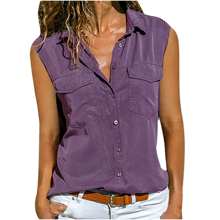 FAFWYP Womens Solid Sleeveless Button Down Office Shirts with Pockets  Casual Summer Lapel Collar Tank Tops Business V Neck Slim Fit Work  Blouse(Purple,XL) 