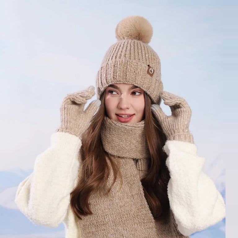 Xfvqtps Women Hat Scarf Glove Set Knit Plush Pompom Solid  display picture 2