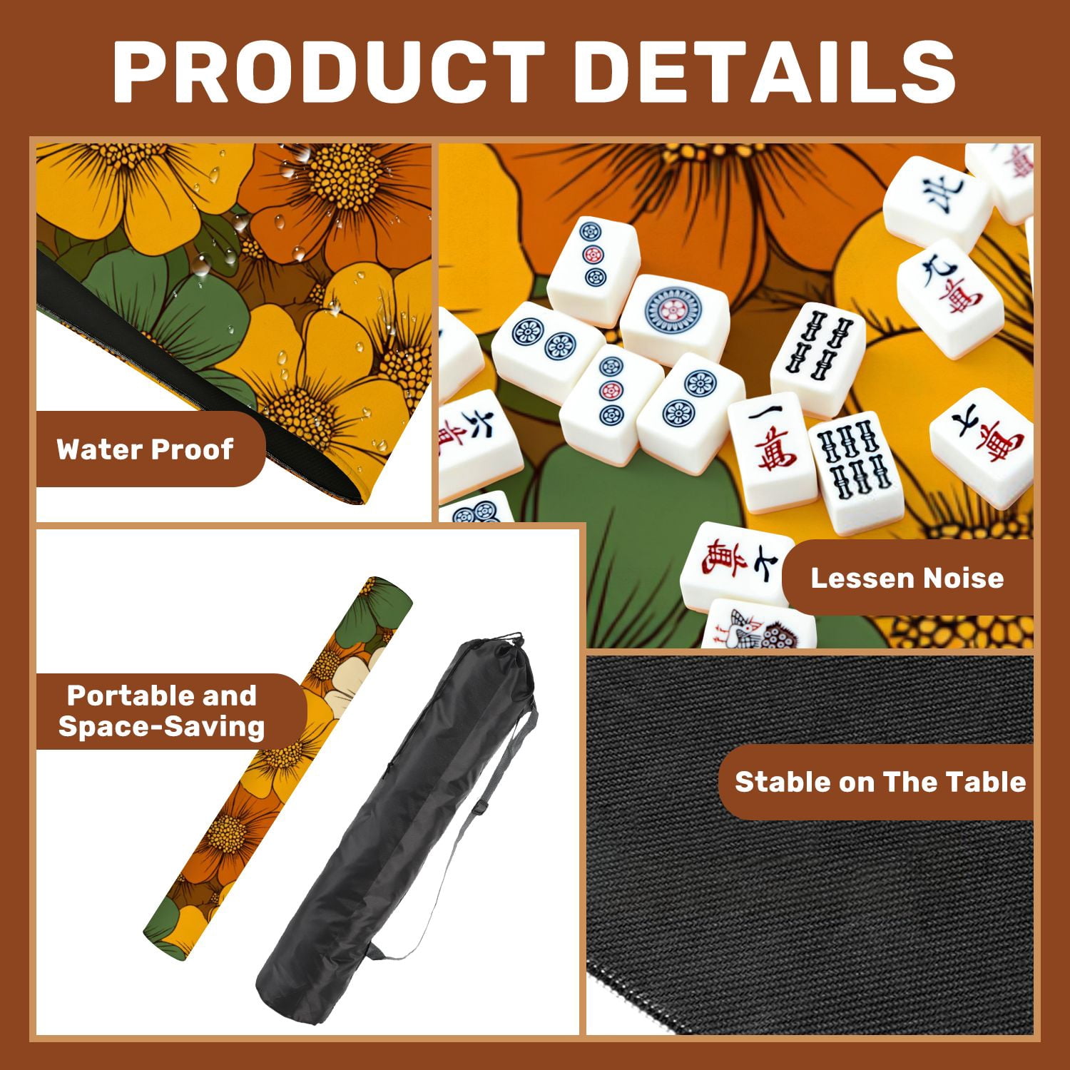 Mahjong Mat 31.5" x 31.5" Colorful Large Scale Hand Drawn Floral Seamless Retro Non-Slip Noise Reduction American Mahjong Tiles Table Cover for Dominoes Poker Card Board Games Gift