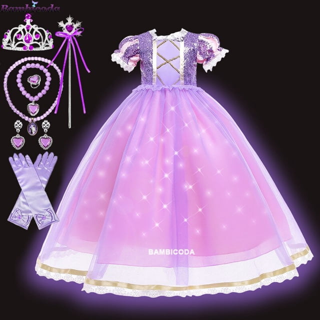 Vestido de princesa Rapunzel para niños, disfraz enredado con luz LED para cumpleaños, Carnaval, fiesta de Halloween, ropa de fantasía para niñas Fivean unisex