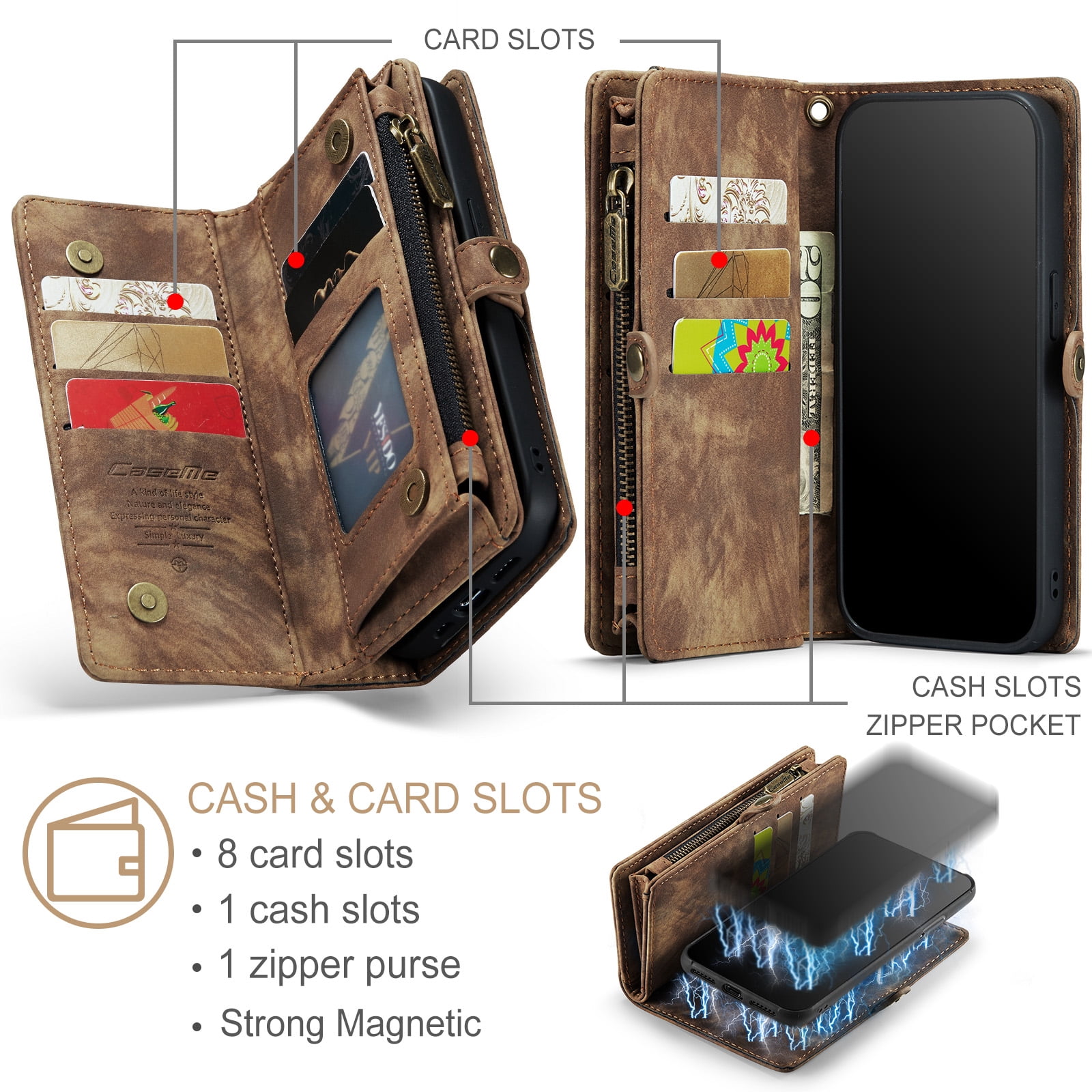 Feishell Durable 2-In-1 Magnetic Detachable Wallet Case for iPhone 11,for Women Men,Premium PU Leather Zipper Pocket Flip Multi Card Slots Purse Phone Case with Wrist Strap,Darkbrown