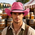 thumbnail image 4 of XIAOCHA Mens Feather‑Trim Cowboy Hat Solid Wide‑Brim Hat Rodeo Festival Hat,Hot Pink, 4 of 4