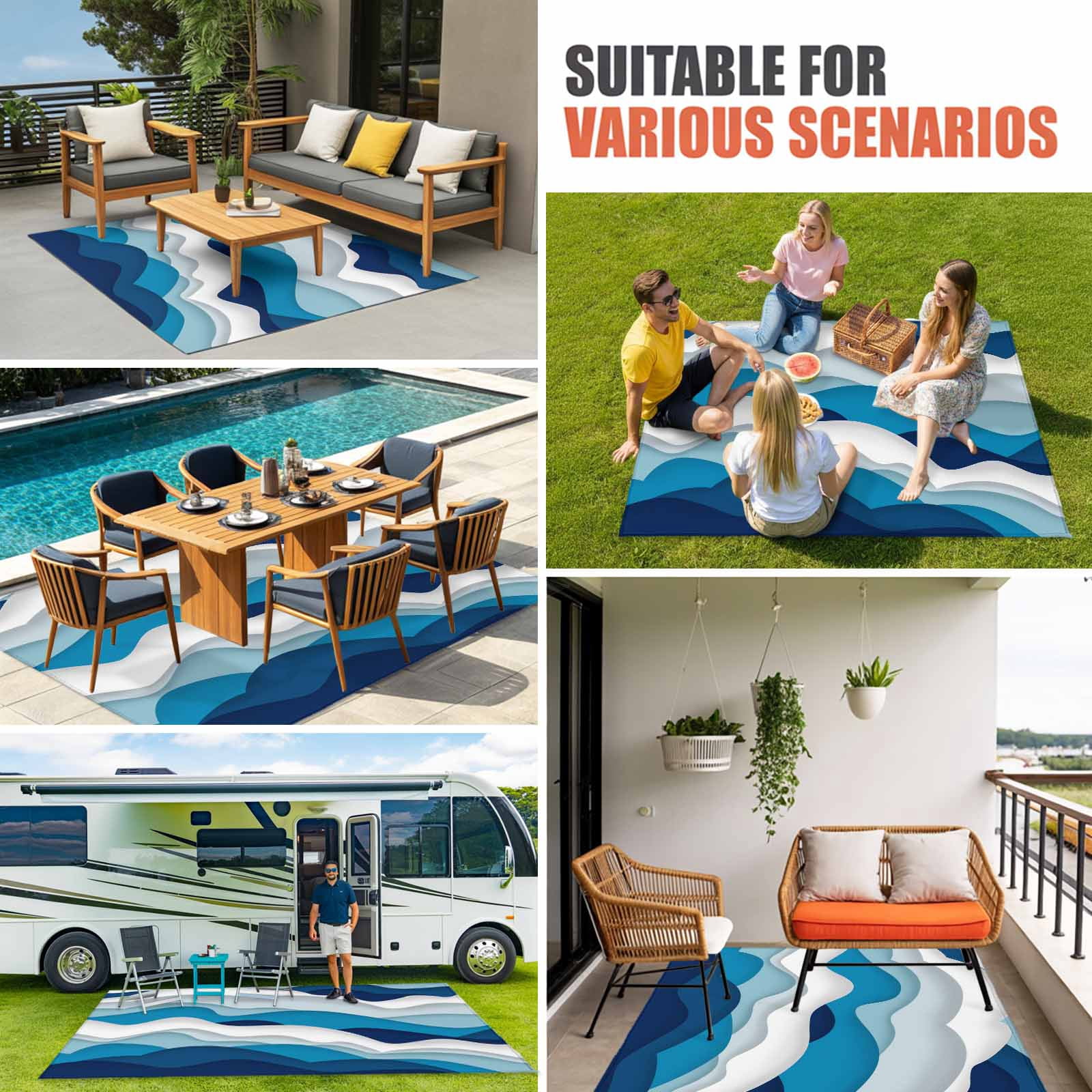 Outdoor Rug 3x5 ft Blue White Ombre Sea Wave Outdoor Large Area Rug Non Slip Rubber Abstract Geometric Front Door Mat RV Rug Camping Carpet Patio Outdoor Rugs for Backyard Balcony Deck Porch Indoor