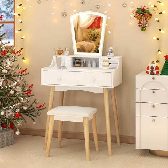 Costway Vanity Desk Set with Lighted Mirror 3-Color Adjustable LED Lights Drawers