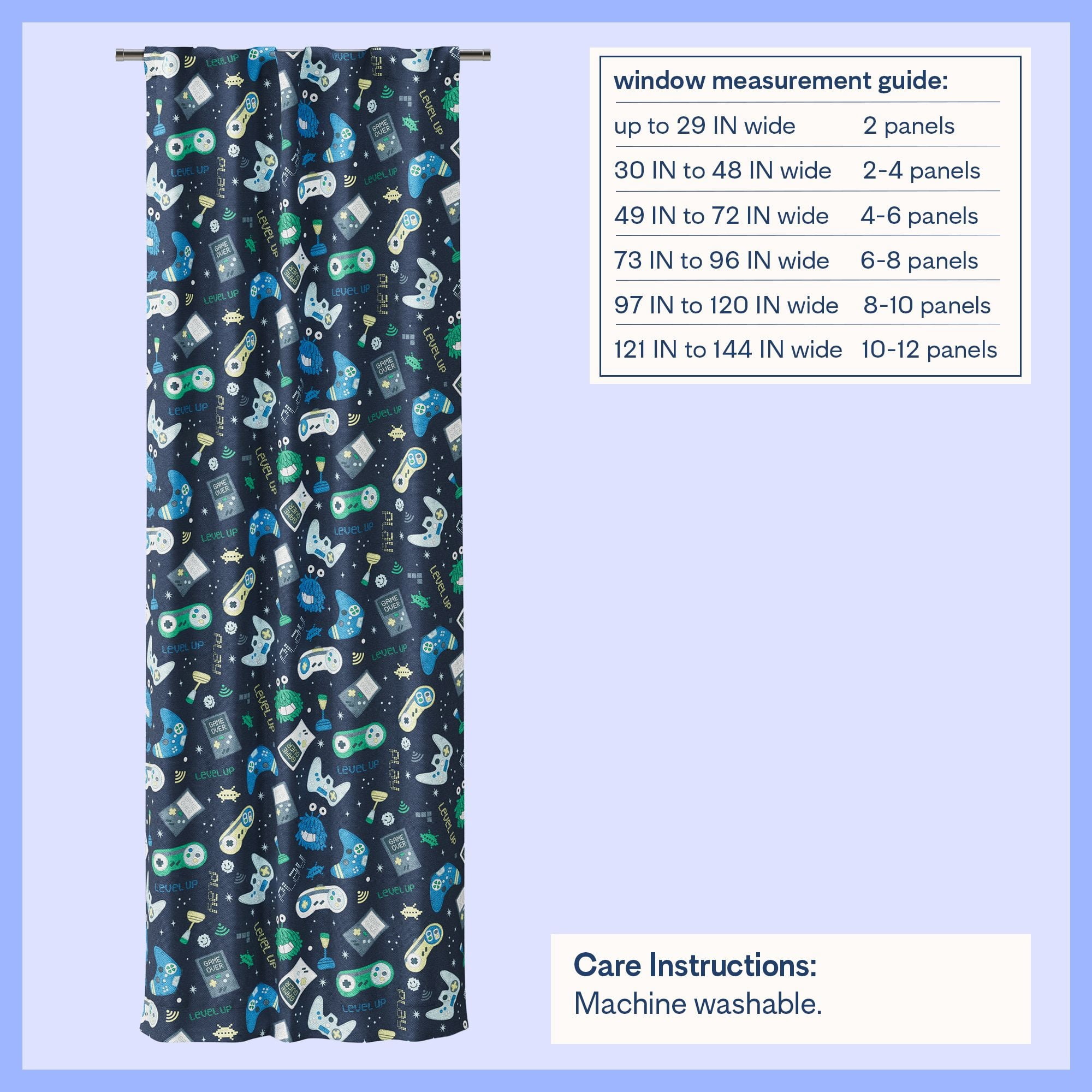 Mainstays Kids Navy Blue Printed Glow in the Dark Blackout Rod Pocket with Back Tabs Single Curtain Panel, Gamer Print, 38" W x 84" L