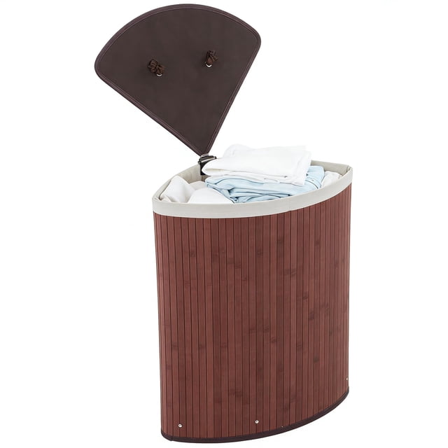 QinaQin Cesto esquinero para ropa con tapa, capacidad de 58 L, estructura plegable de bambú con bolsa lavable para recámara o baño