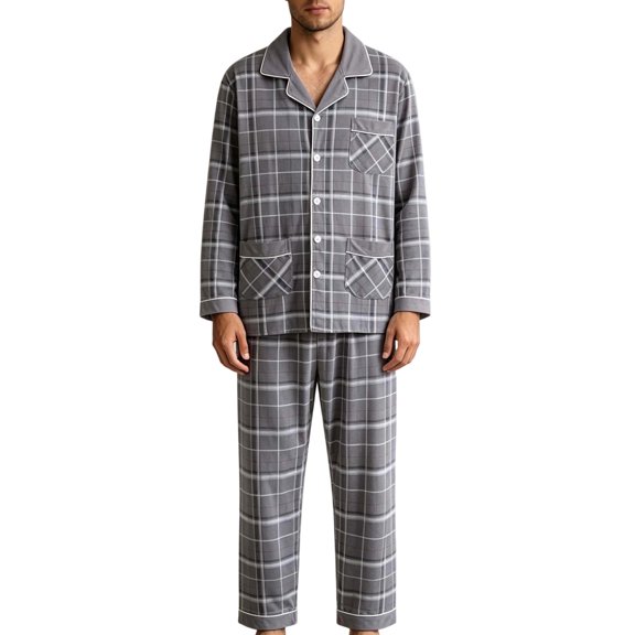 HOOMEUMY Men's Cotton Pajamas Set Classic Turtleneck Cardigan Long Sleeve Soft Comfortable Home Wear