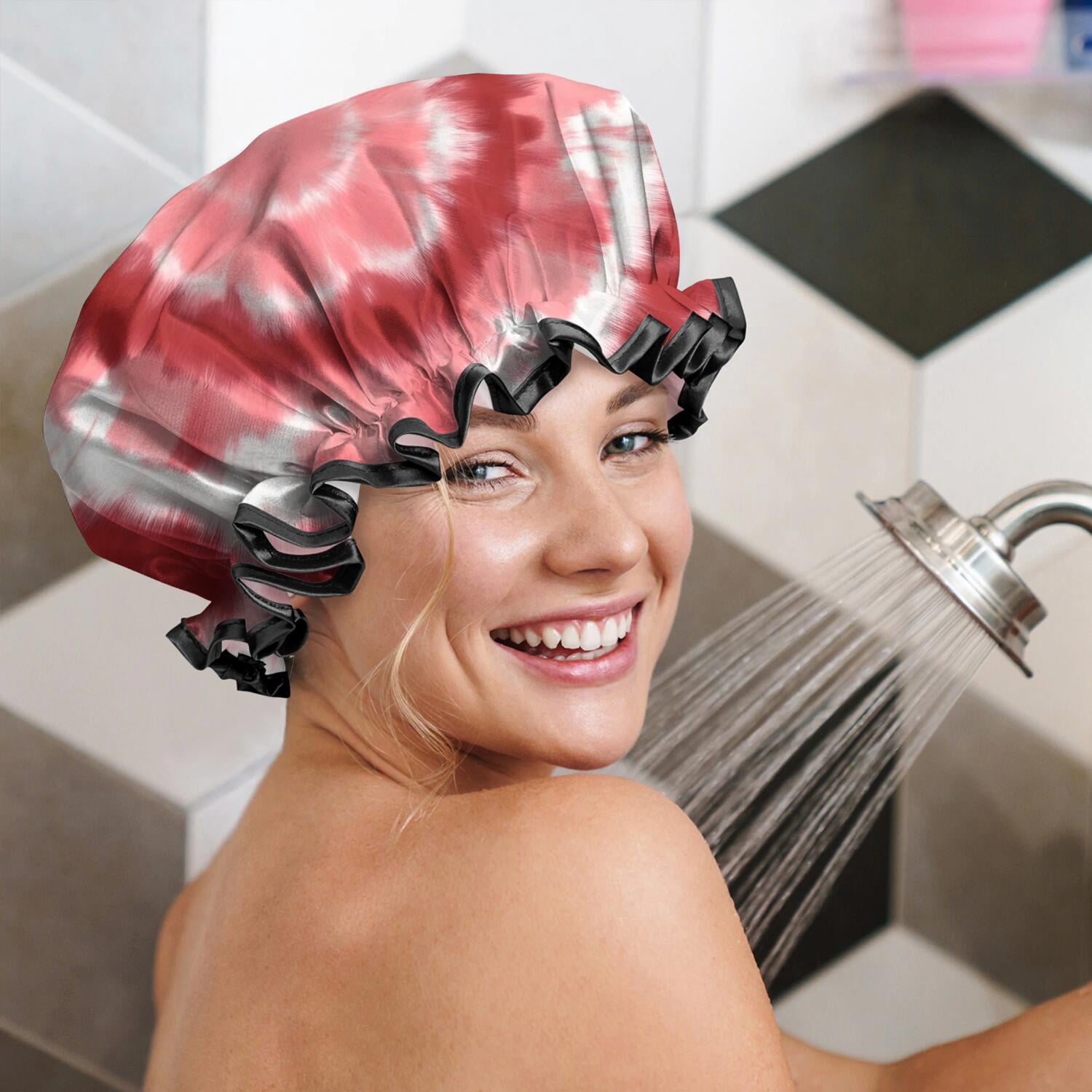 Shower Caps,Red White Tie Dye Mandala Pattern Waterproof Shower Cap for Women 4 Pieces,Double Reusable Hair Cover for Shower PEVA Elastic Stretch Hem