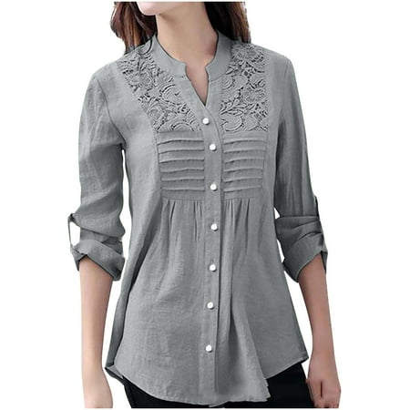 

Bospose Long Sleeve Shirt Women Corset Shirt Lace Top Fashion Woman Causal Solid Blouse T-Shirt Autumn Sweartshirt Tops 988# Lady Patchwork Button Shirt Top Grey M