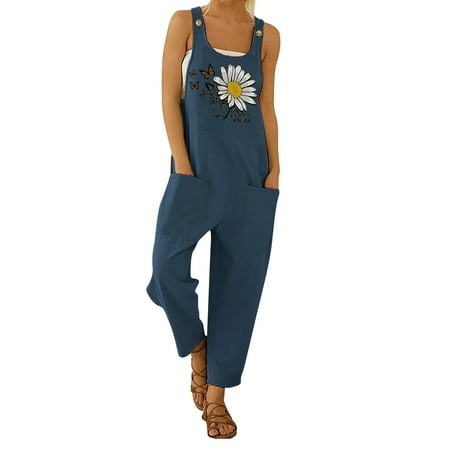 

Amuver Women Loose Style Overalls Butterfly and Floral Printed Pattern U-shaped Collar Sleeveless One-piece