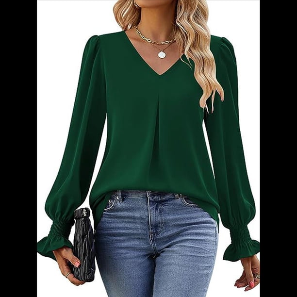 Blusas de Larga para Mujer 2025, Elegantes, Informales, con Cuello en V, Tipo Túnica, Blusa Holgada de para el Trabajo. Verde L