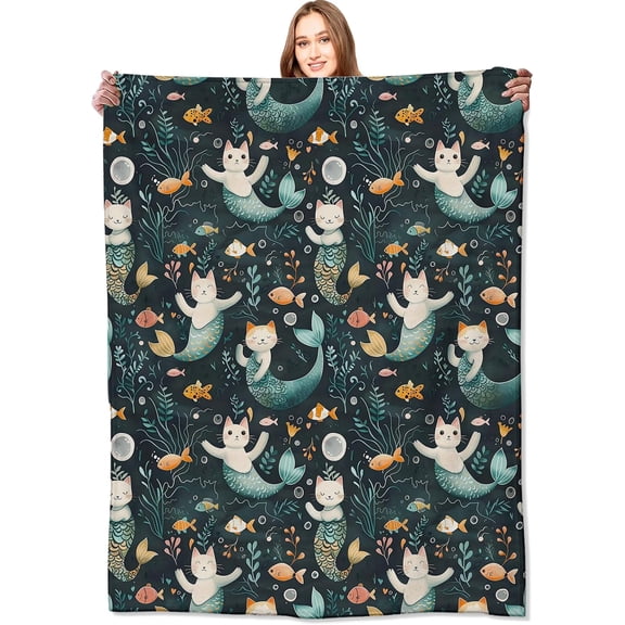 Mermaid Cat Blanket Cute Adorable Kitten Mermans & Ocean Throw Blankets,Birthday Gifts for Kids Girls & Animal Lovers,Lightweight Soft Fleece Cozy for Sofa Couch Bed Room Travel Decor 50x60in
