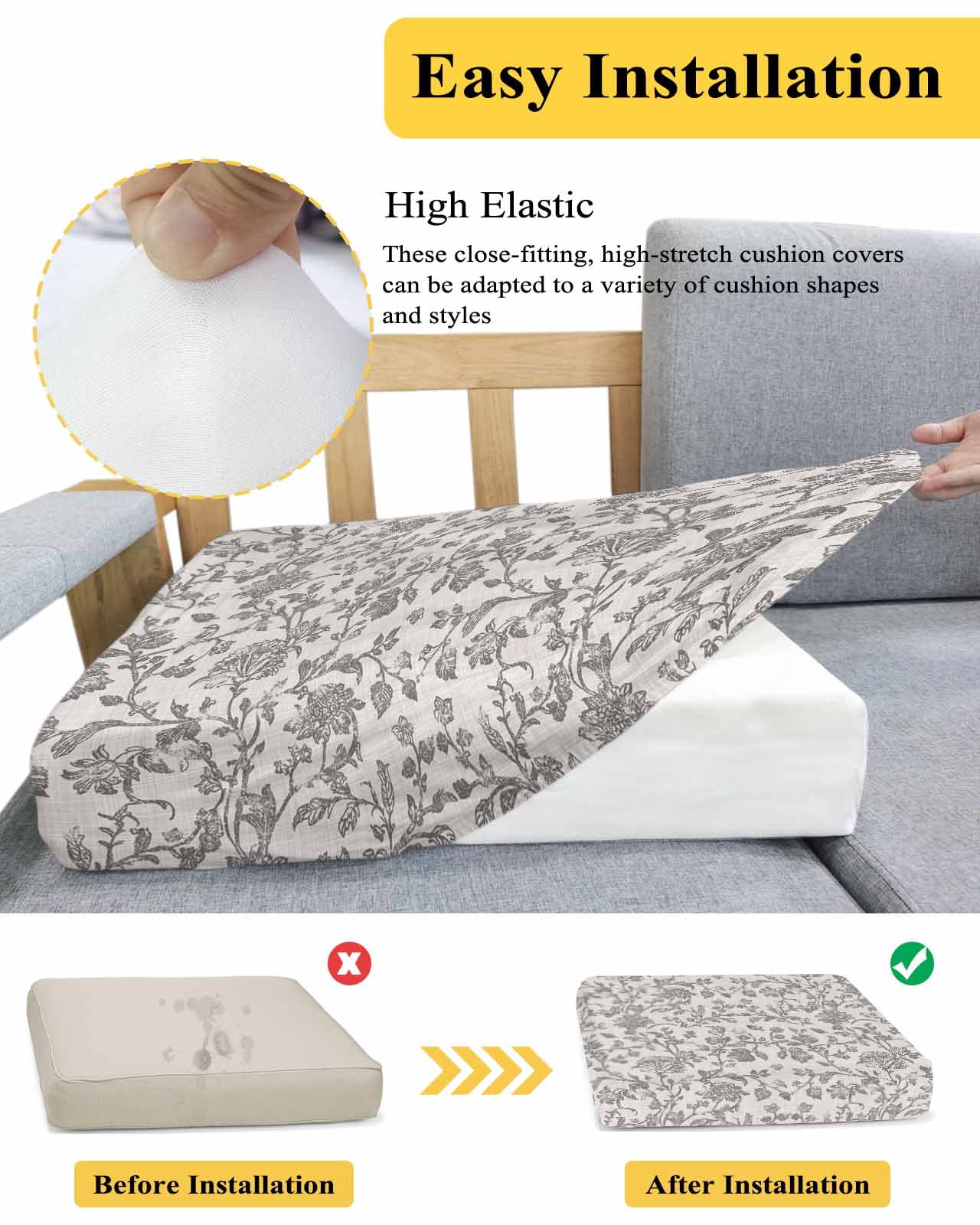 Farmhouse Grey Couch Cushion Covers Stretch, Washable Sofa Seat Covers Individual Seat Cushion Sofa Slipcovers Vintage Flower Leaf Botanical Plant Couch Cover Furniture Protector L-1PCS