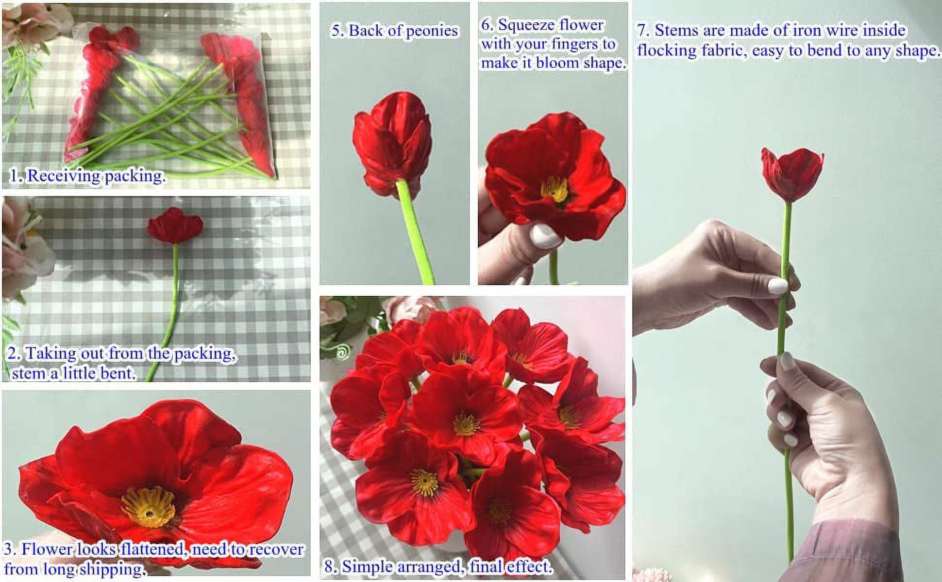Zukuco Artificial Flowers, Realistic Latex Poppy Flocking Long Stem Fake Poppies Flowers for Home Wedding Party Decor, Floral Arrangements, Centerpieces Décor(Red)