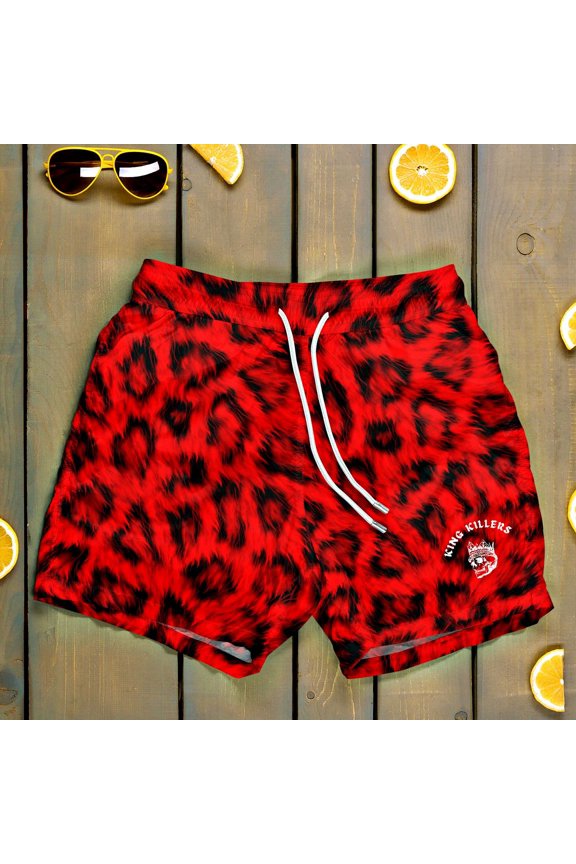 Red Leopard Print Mid Thigh Cut Swim Trunks