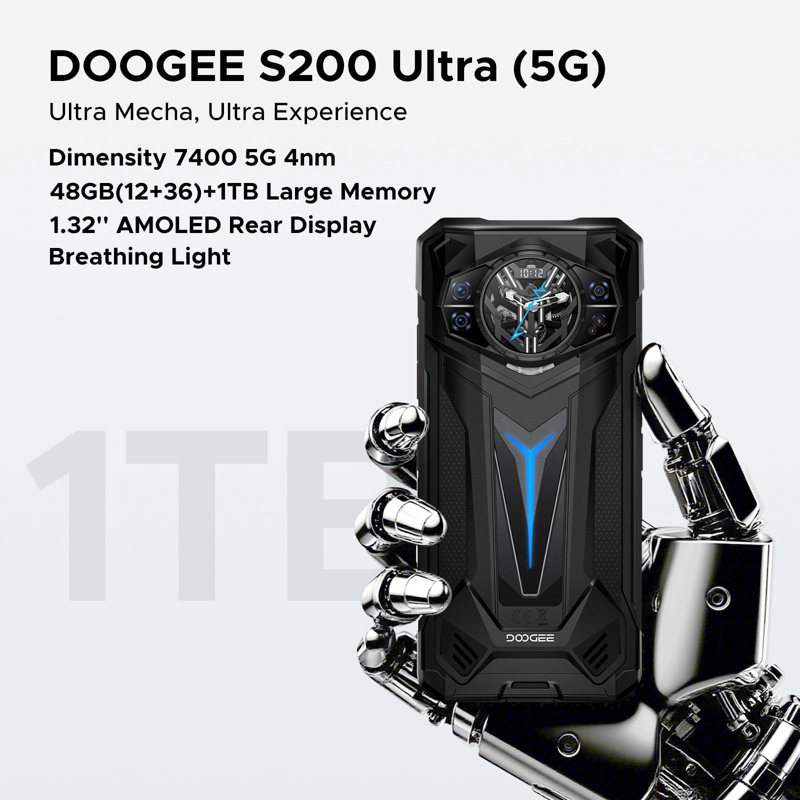 DOOGEE S200 Ultra Rugged Smartphone 5G, 48(12+36)GB+1 TB, 1.32"AMOLED Rear Display, 6.72" FHD&120Hz, 4nm D7400 Android 15, 11000mAh/66W, 100MP+20MP Night vision, Light Effect,Face ID/BT5.4/WiFi6E/NFC
