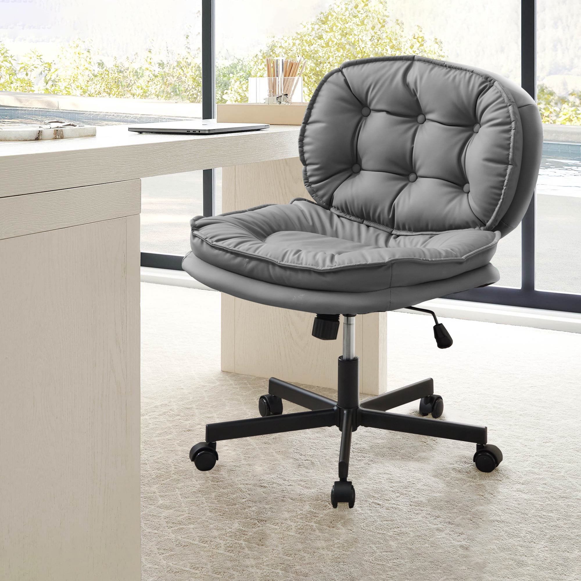 Miniyam Armless-Office Desk Chair with Wheels,PU Leather Cross Legged Wide Chair for Home Office,Gray