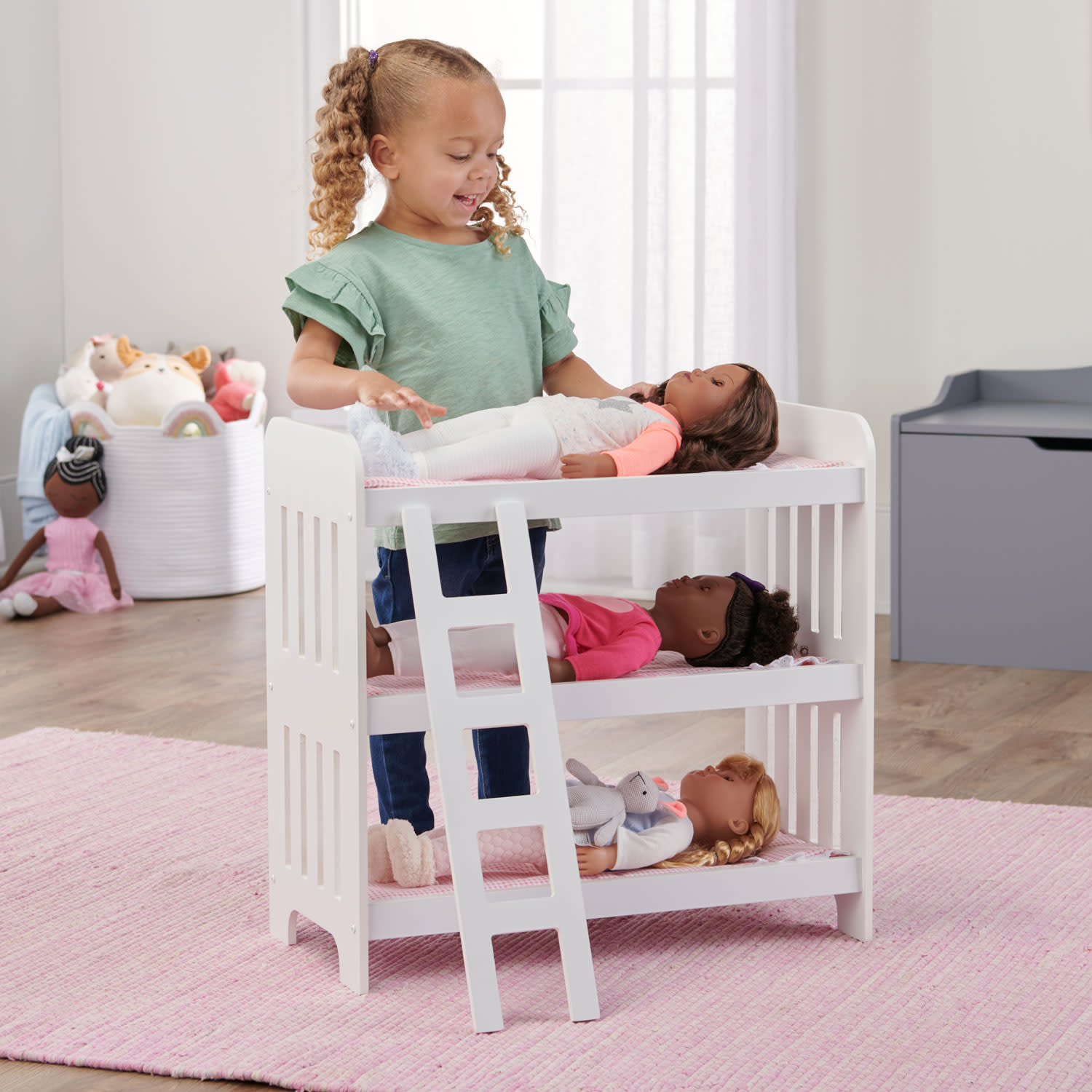 Badger Basket Triple Doll Bunk Bed with Ladder, Bedding, and Free Personalization Kit - Pink Gingham - image 3 of 12