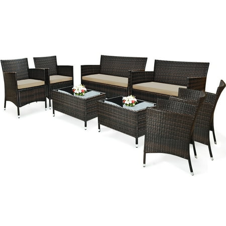 Costway 8pcs Rattan Patio Furniture Set Cushioned Sofa Chair