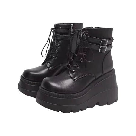 

KIJBLAE Women s Platform Wedge Boots Lace Up Buckle Ankle Boots Zipper Black Platform Wedge Boots High Heel Wedge Gothic Punk Boots Boots Comfortable Black 35