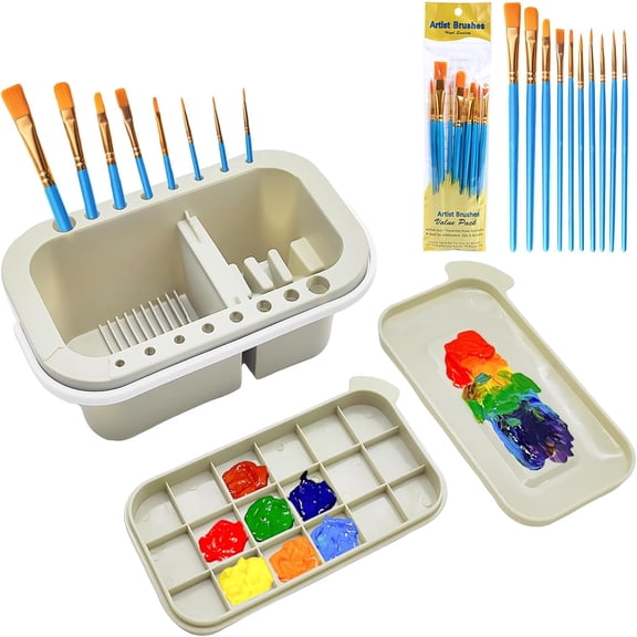 Paint Brush Cleaner Palett Basin with 10 pcs Paint Brushes,Paints Brush Holder and Organizers with Palette for Acrylic, for Watercolor and Water Based Paints Gery