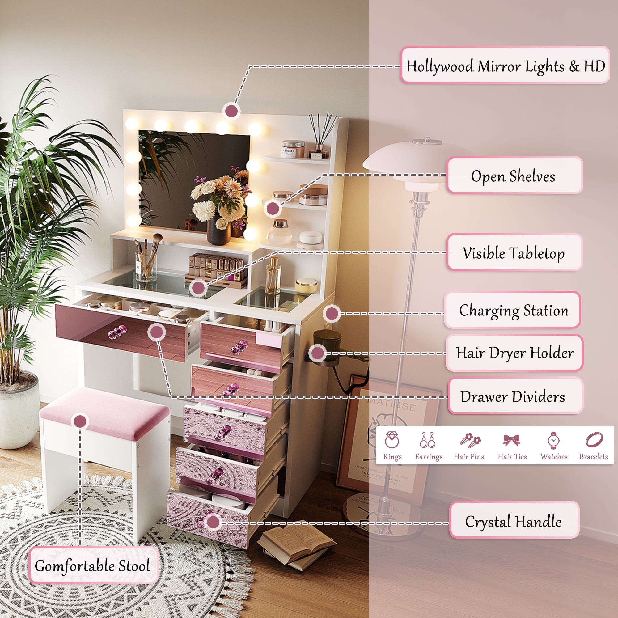 Makeup Vanity, Vanity Desk with Lights, Hollywood Vanity with 11 LED Bulbs 3 Color Modes White and Pink Glass Top 6 Drawers Open Shelves Includes Cushioned Stool, White and Pink