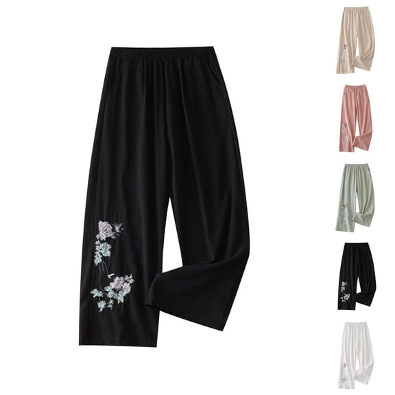 Palazzo Pants for Women Spring Summer Cotton Linen Floral Embroidery Elastic Waist Wide Leg Flowy Beach Pants with Pockets