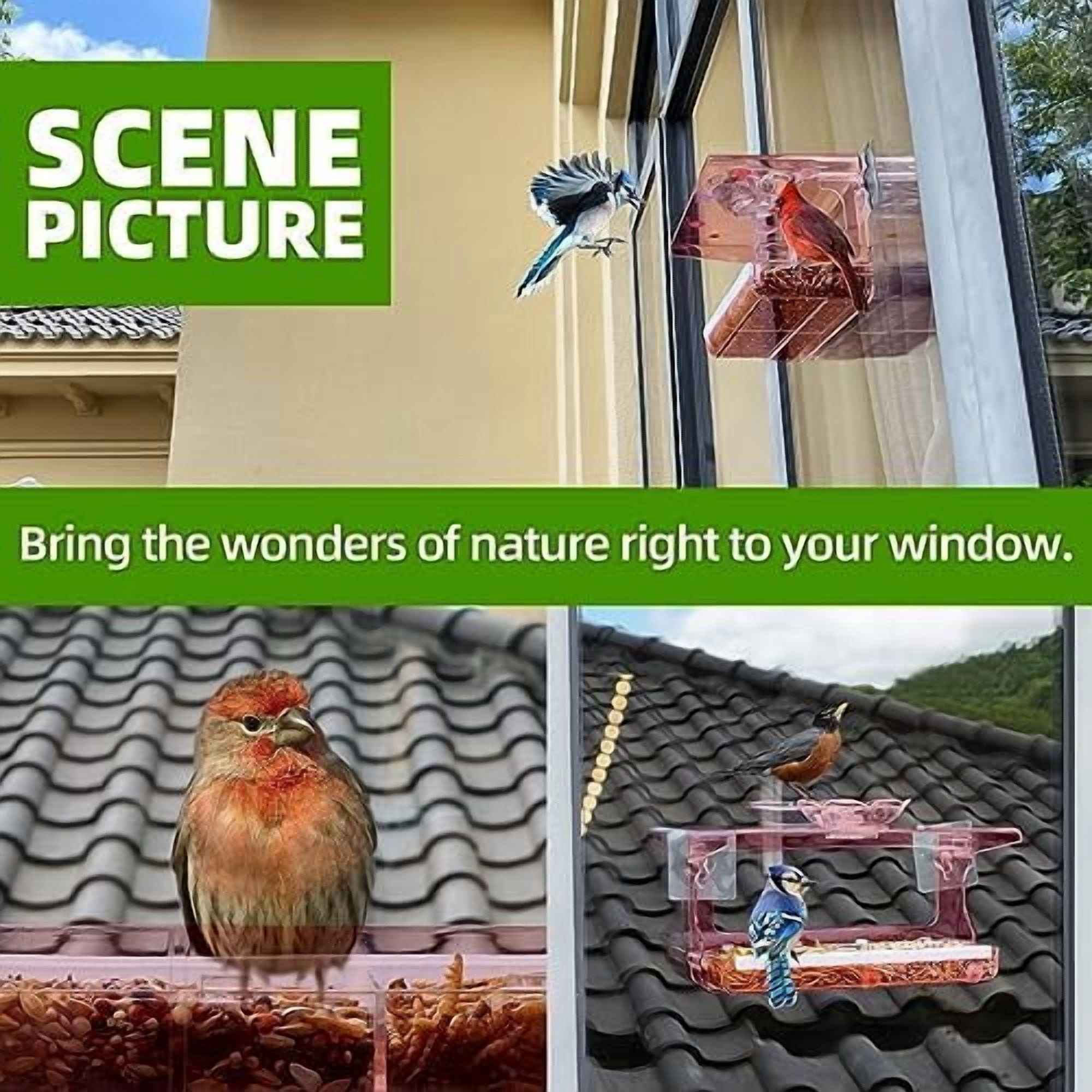 Window Bird Feeder with Non-Marking Self-Adhesive Hooks, Clear and Transparent, Outdoor Wild Bird Watching Gift, Garden Decor (Red)