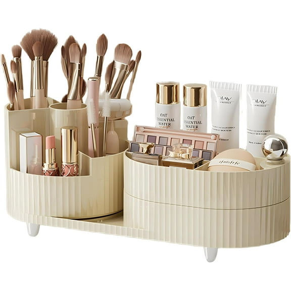 Niulife 360 Rotating Makeup Organizer for Vanity Large Capacity Cosmetic Storage Case,Dresser Make Up Organizer Holder for Bedroom Bathroom and Countertop,2 Tiers White