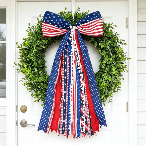Feledorashia Patriotic Wreath Bow, 4th Of July Decoration, Large Red White Blue Independence Day Ribbon Bow for Front Door Porch Mailbox Outdoor Use, Weather Resistant Wired Fabric Ribbon