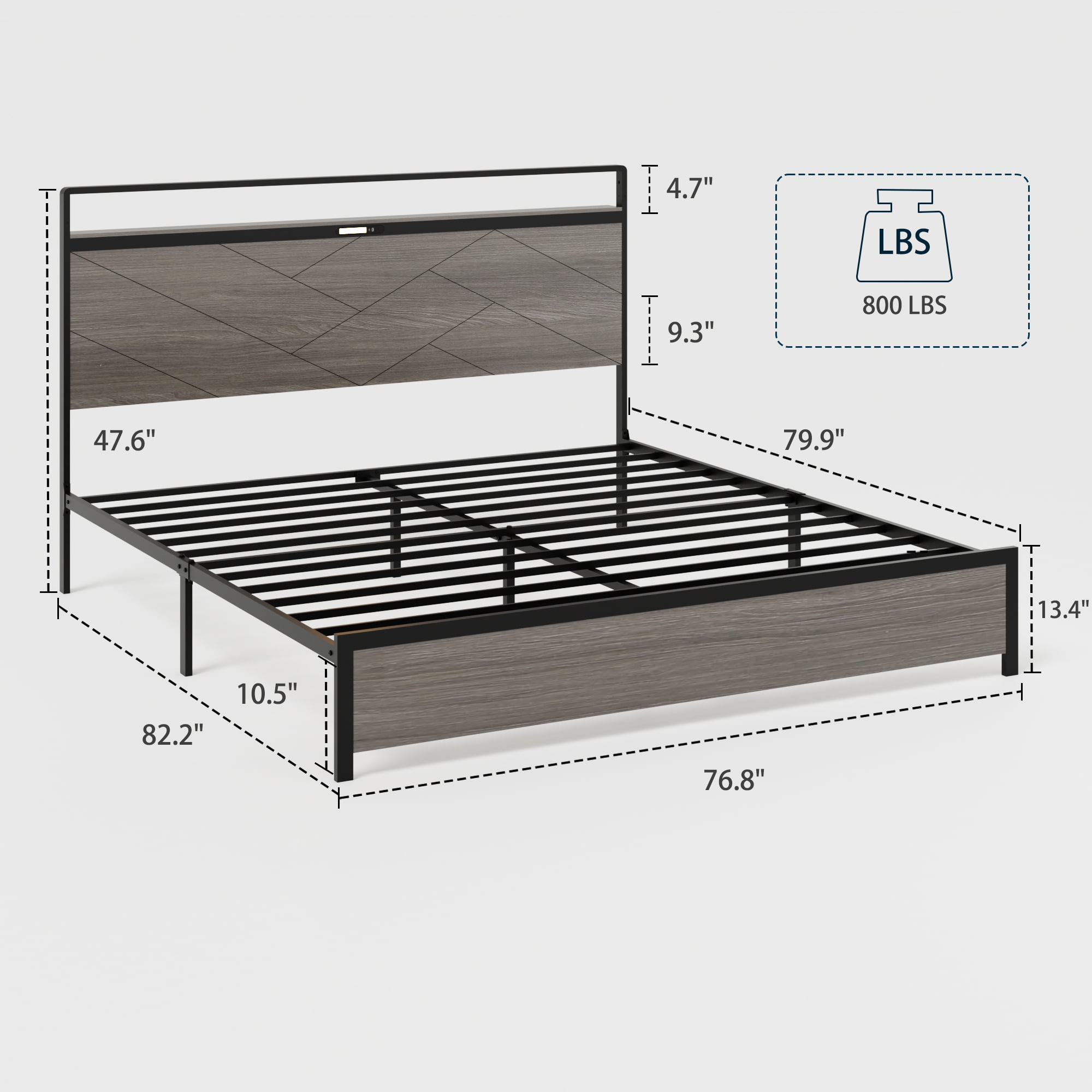 Miniyam King SizeMetal Bed with Wooden Headboard, USB Charging Station for Adult, Gray