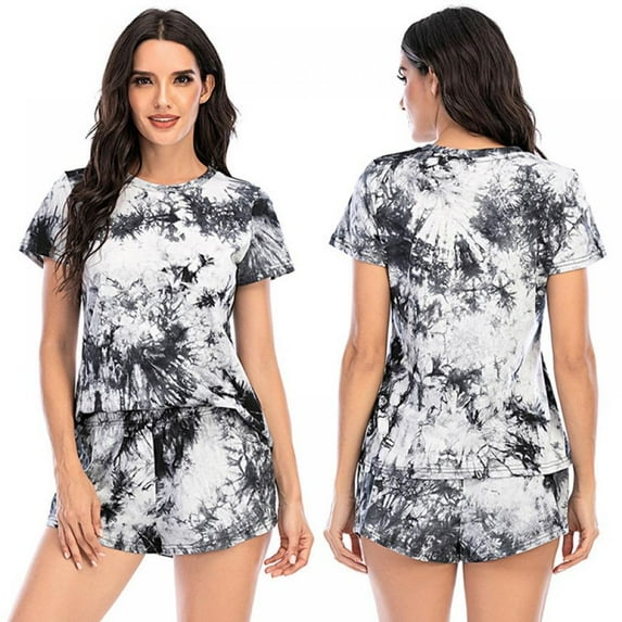PRAETER Women's Tie-dye Shorts Pajamas Suit Short-sleeved Pajamas Casual Pajamas Three Colors Five Yards